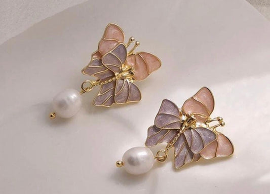 Butterfly & Pearl Drop Earrings
